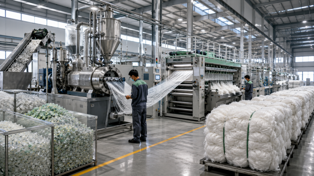Manufacturing process of recycled polyester staple fiber.