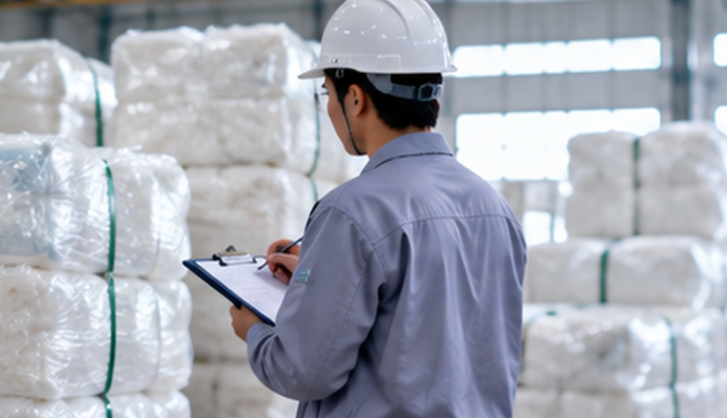 Incoming quality inspection of polyester staple fiber bales before bedding production