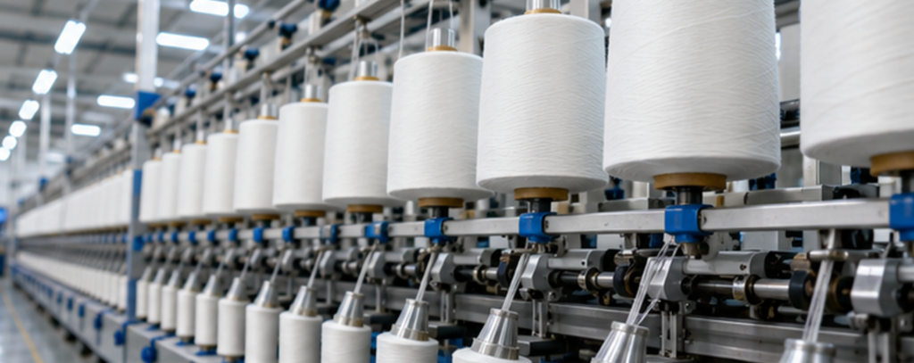 Industrial ring spinning machines used for polyester yarn manufacturing