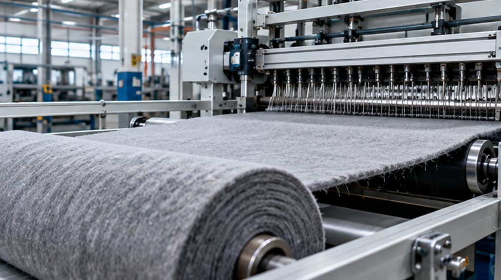 Needle punching process for recycled polyester automotive carpet production