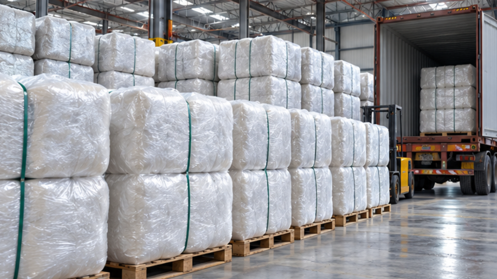 Polyester staple fiber bales prepared for international shipment