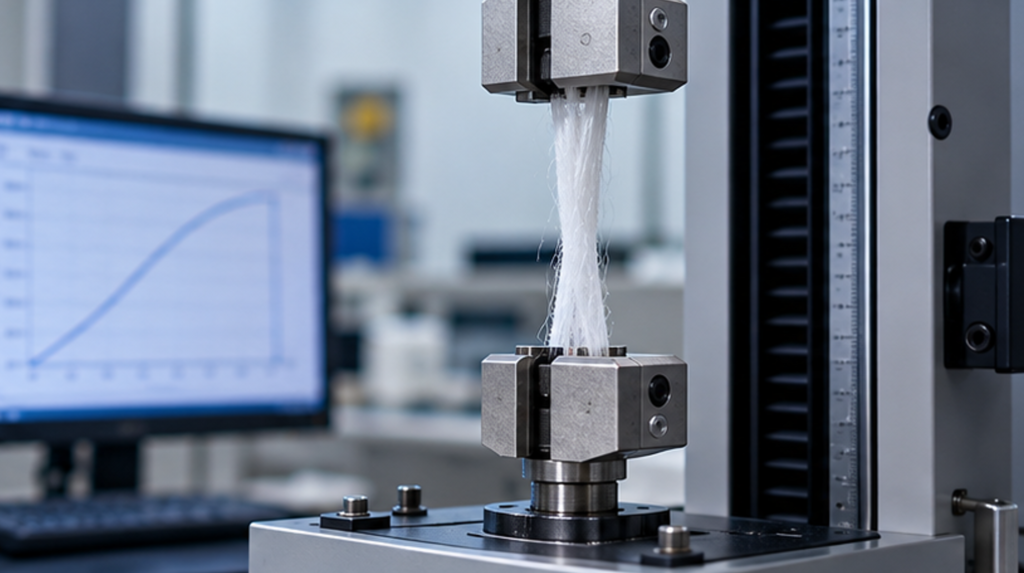 Polyester staple fiber tenacity and elongation testing in textile laboratory